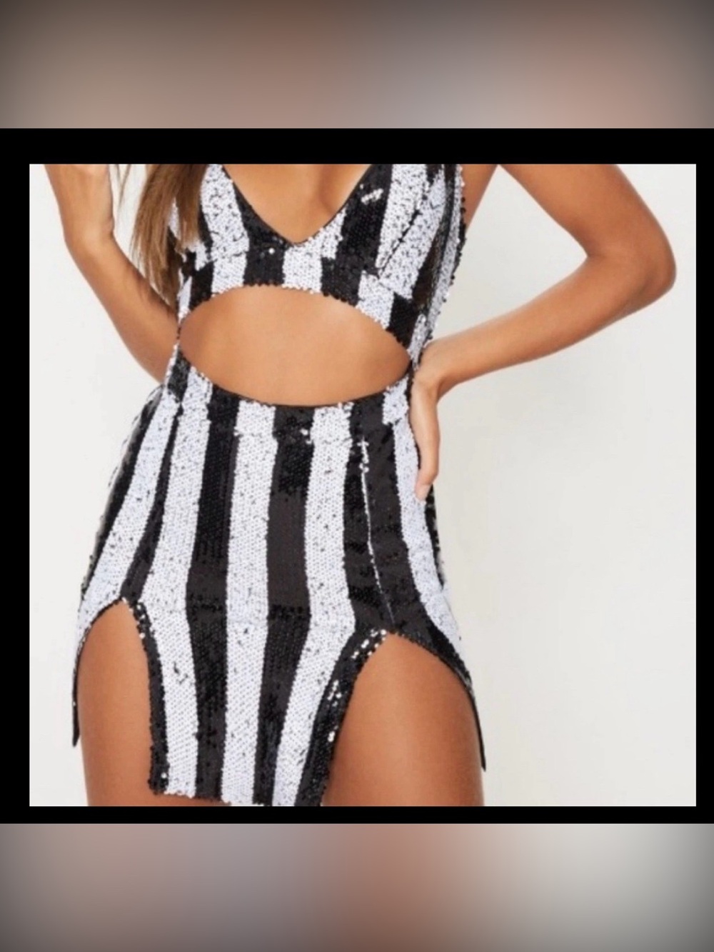 PrettyLittleThing Black & White Sequin Stripe Bodycon Mini Dress Size US 2